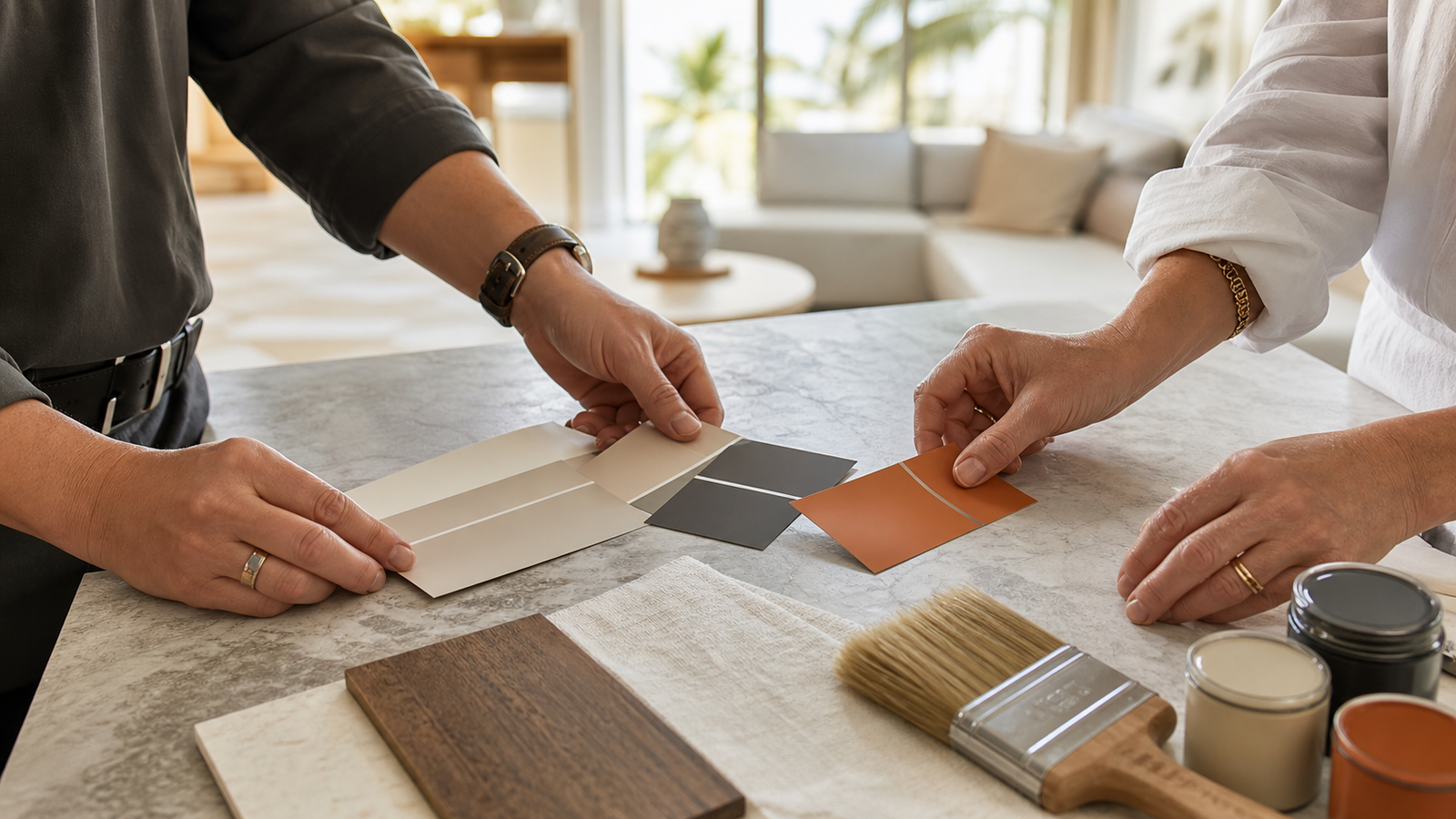 Painter helping a homeowner compare paint colors