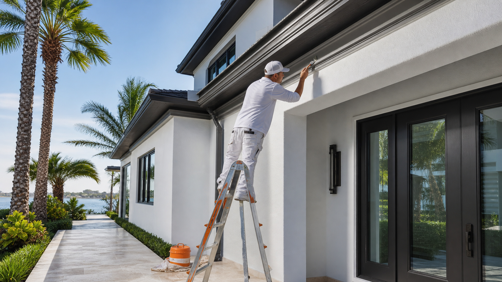 Professional painter applying an exterior finish to a Florida home